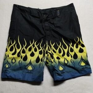 On Shore Board Shorts Flame Graphic Swim Trunks Drawstring Black Size 38